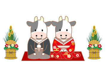 2021年丑年和装年賀状-白背景