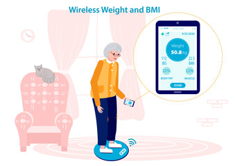 Senior woman measuring her Weight and BMI on a Wireless Weighing Machine. Mobile application syncs with Weighing scale. Assists Elderly Lady and their doctors to measure and monitor weight.
