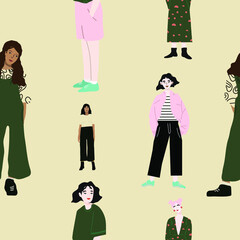 Seamless pattern and hand drawn texture. Pretty girls posing in different poses. Flat illustration. Design for poster, card, invitation, placard, brochure, flyer, web.
