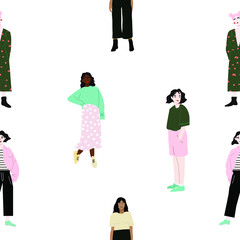 Seamless pattern and hand drawn texture. Pretty girls posing in different poses. Flat illustration. Design for poster, card, invitation, placard, brochure, flyer, web.