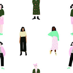 Seamless pattern and hand drawn texture. Pretty girls posing in different poses. Flat illustration. Design for poster, card, invitation, placard, brochure, flyer, web.