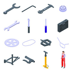 Bicycle repair icons set. Isometric set of bicycle repair vector icons for web design isolated on white background