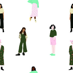 Seamless pattern and hand drawn texture. Pretty girls posing in different poses. Flat illustration. Design for poster, card, invitation, placard, brochure, flyer, web.