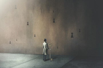 illustration on man holding big key in front of many different keyholes, surreal concept