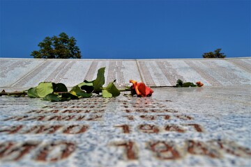 Srebrenica memorial. Name by name and with a wilted rose Bosnia and herzegovina.