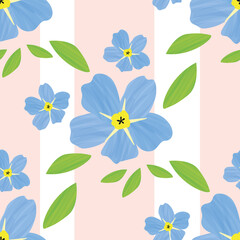 Blue Forget-Me-Not floral seamless pattern background. Beautiful painterly watercolor effect mysotis flowers on pastel pink striped backdrop. Botanical illustration all over print for spring concept