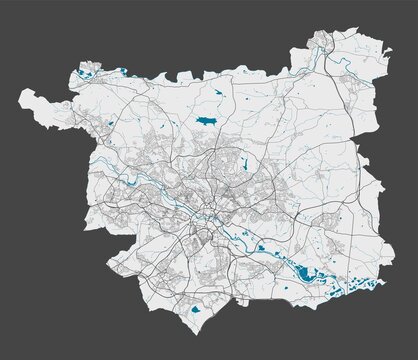 Detailed map of Leeds city, Cityscape. Royalty free vector illustration.
