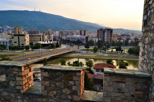Skopje city view from Ottoman Castle..Skopje buildings in city Center and huge cross in Vodno Mountain