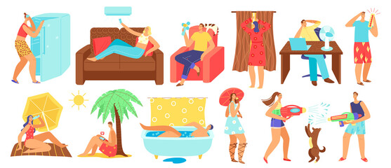 Hot summer heat day vector illustration set. Cartoon flat people sunbathing on tropical beach in heat, overheating man woman character sitting at home or office with air conditioner, cooling under fan