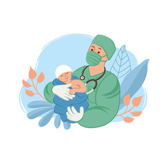 Vector cartoon background on the theme of medicine, birth, pediatrics, obstetrics, gynecology. Doctor holds a newborn. Colorful illustration for use in design