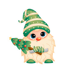 Illustration of a cute cartoon Christmas gnome isolated on a white background. Scandinavian green gnome with a Christmas tree.