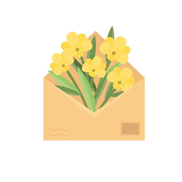 Bouquet of yellow flowers in envelope.  Flat cartoon vector illustration for greeting card.