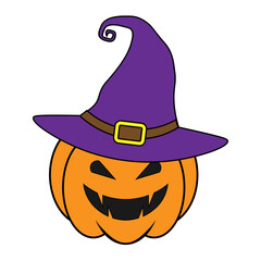 Simple Halloween scary pumpkin with witch hat in flat style