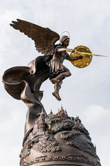 Kyiv (Kiev), Ukraine – October 04, 2020: A fountain with a sculpture of Saint Michael the...