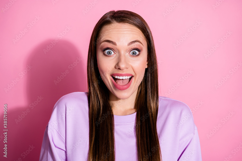 Wall mural closeup photo of attractive excited lady crazy facial expression good mood open mouth unexpected new