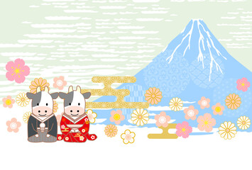 2021年丑年和装年賀状-富士山背景