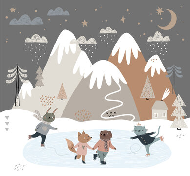 Animal friends skate for ice. Skating rink on the street overlooking mountains, clouds, house. Winter illustration with bear, fox, cat, and hare.