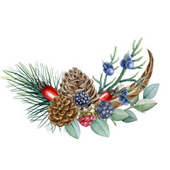 Winter floral arrangement watercolor illustration. Hand drawn rustic decor with pine, eucalyptus leaves, juniper, blackberry and rosehip berries. Season natural decoration isolated on white background