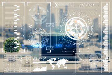 Multi exposure of table with computer on background and data theme drawing. Concept of innovation.