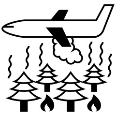 Firefighting plane dropping water above burning forest. Aerial firefighting and wildfire concept vector Glyph icon design, Rescue Response Symbol on White background 