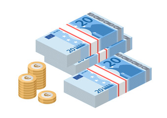 Isometric stacks of 20 euro banknotes. Pile paper money and coins. Twenty bills. European currency notes. Vector illustration.