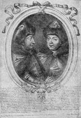 John and Peter Alekseevich. A 1685 engraving by de Larmessen. Reproduction for the publication of the novel by A. Tolstoy "Peter the First", book one