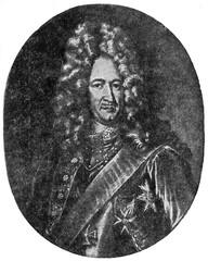 Menshikov, Alexander Danilovich. Engraving from life by Simon Londini in 1697. Reproduction for the publication of the novel by A. Tolstoy "Peter the First", book one