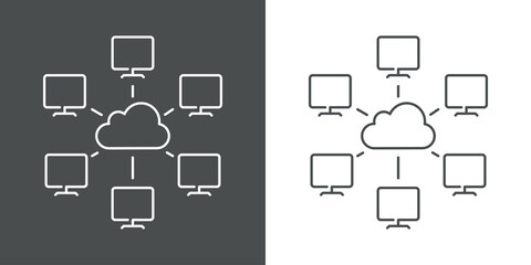 Fototapeta na wymiar Network. Icono red de ordenadores conectados por líneas con nube en fondo gris y fondo blanco