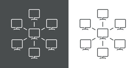 Network. Icono red de ordenadores conectados por líneas en fondo gris y fondo blanco