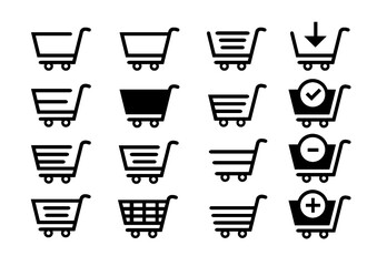 shopping, shopping trolley, pushcart or handcart. Flat vector cartoon shopping basket sign. For supermarket, store or shop. Empty food shopping bag. Online web sale button icon.