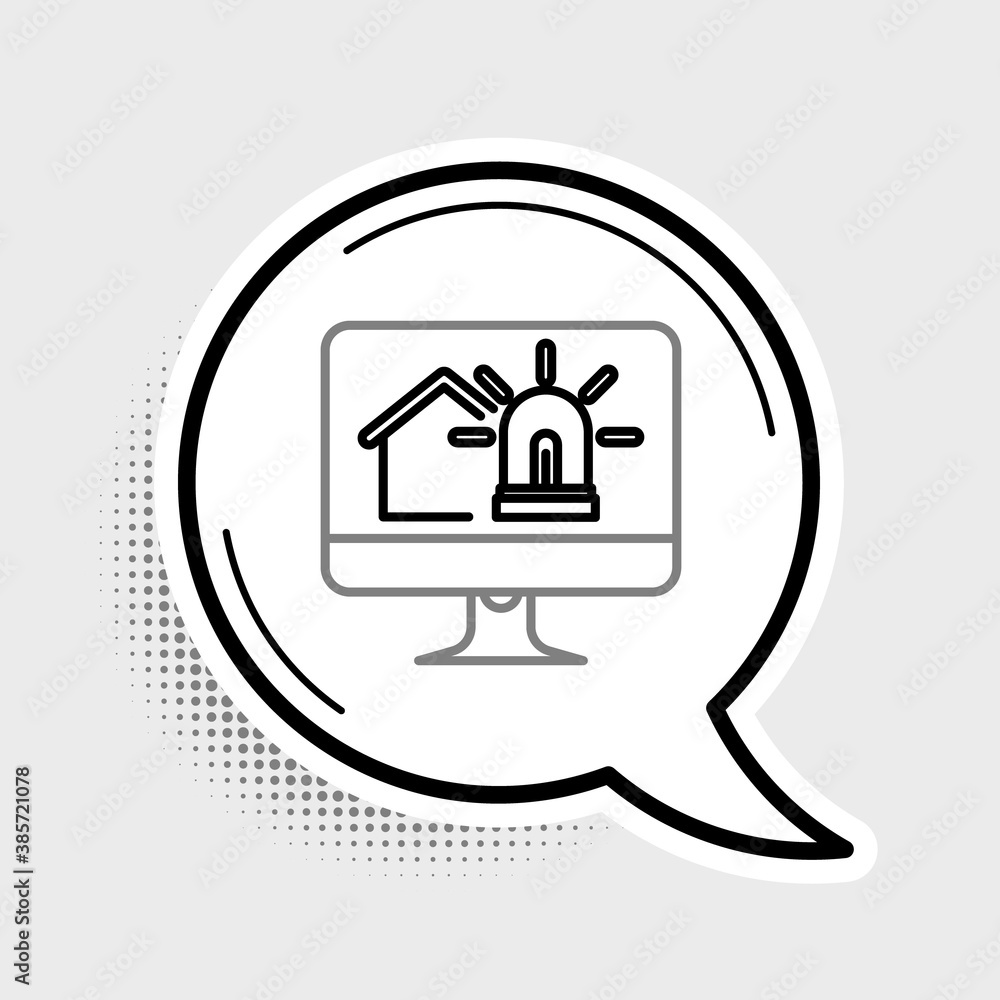 Aufkleber line computer monitor with smart house and alarm icon isolated on grey background. security system o