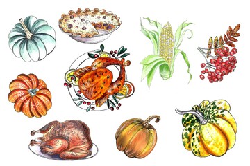Set of watercolored hand drawn clip-arts. Thanksgiving autumn materials. Pumpkin, fried turkey, harvest. Traditional dishes and sweet pie. Corn and rowanberry branch. Vintage illustration