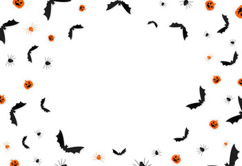Obraz premium Halloween party banner with, bat, spider, pumpkin isolated on white background, boo, trick or treat ,space for add text ,sale banner template, poster, Halloween holiday vector illustration
