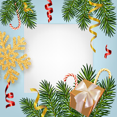 Christmas and New Year background with realistic pine branches, gifts box, candy canes, serpentine, glitter gold snowflake. Template for Christmas and New Year greeting card, poster, postcard, banner