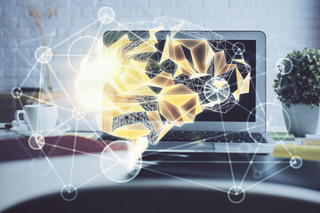 Double exposure of work space with computer and human brain drawing hologram. Brainstorm concept.