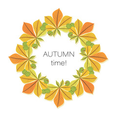 Chestnut wreath. Autumn leaves. Round frame. Vector background. Poster. Concept fall template with bright autumn leaves chestnut, fruits. Vector illustration