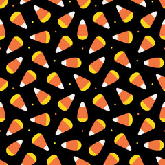 Candy corns and dots vector cartoon style seamless pattern background. Halloween trick or treat sweets background. - 385722296