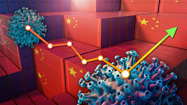 The Recovery Of Chinese Economy. Export Business. Stacked Cargo Containers. Flag Of China. Coronavirus Crisis. 3D Rendering