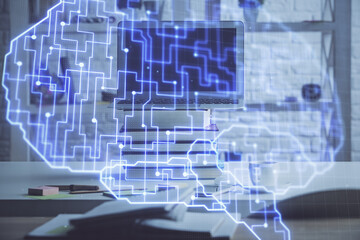 Double exposure of work space with computer and human brain drawing hologram. Brainstorm concept.