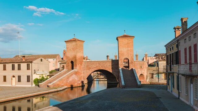 View of the Trepponti bridge symbol of Comacchio at morning. Hyperlapse 4K