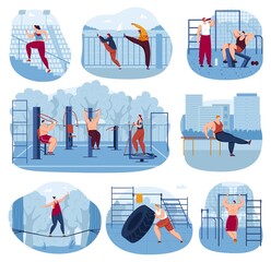 Outdoor sport gym vector illustration set. Cartoon flat healthy lifestyle activity collection with athletic sportsman people doing workout fitness exercises or gymnastics in street park playground © Seahorsevector
