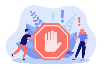 Tiny people standing near prohibited or forbidden gesture flat vector illustration. Symbolic warning, danger or safety caution information. Alert, risk, stop and restricted entry concept - obrazy, fototapety, plakaty