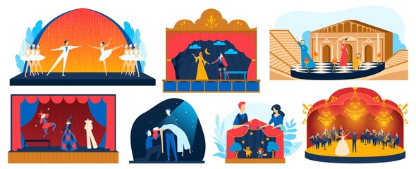 Theater performance vector illustration set. Cartoon flat performer actor and actress characters performing drama story, ballet acts or opera theatrical show on stage of theatre isolated on white - obrazy, fototapety, plakaty