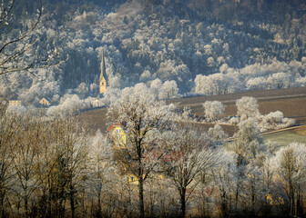 View of beautiful winter landscape in the Austrian Alps. Idillic village  surrounded by fields and forest / white trees covered with hoarfrost.