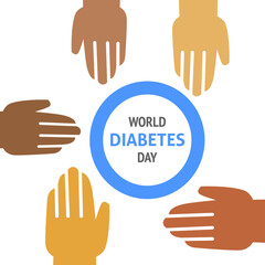 A square vector design of a flyer with hands and a blue circle. World diabetes day. Medical theme. 