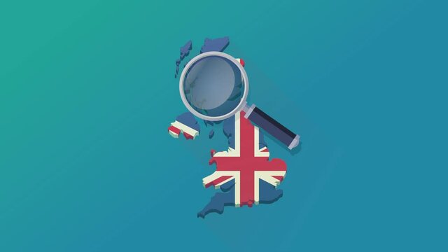 Search loop with magnifying glass on the map of United Kingdom flag on a blue background (flat design)