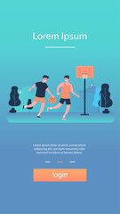 Friends playing basketball on court. Two male players with ball training on stadium. Vector illustration for urban sport, game, match, hobby, outdoor activity concepts