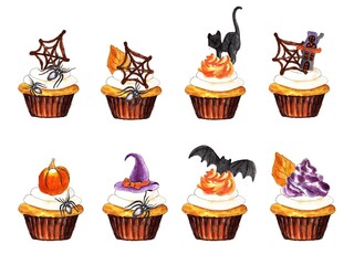 Halloween cakes. Set of  watercolor hand drawing illustration, isolated, white background 