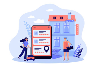 Tiny tourists booking hotel online flat vector illustration. Abstract search or choice of hostel and apartments via internet. Trip, vacation and accommodation concept - obrazy, fototapety, plakaty