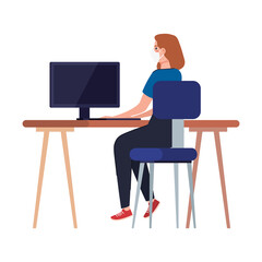 New normal of woman with mask at desk design of covid 19 virus and prevention theme Vector illustration
